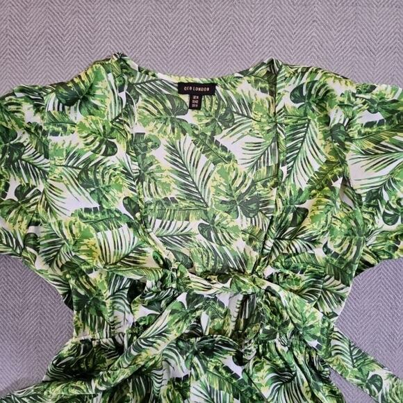 QED London Romper Dress Size 10 Green Palm Print Y2K Fairy Core Boho 1/2 Sleeve - Picture 8 of 13